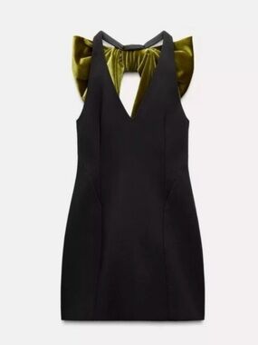 Zara Black Mini Dress with Olive Back Bow New